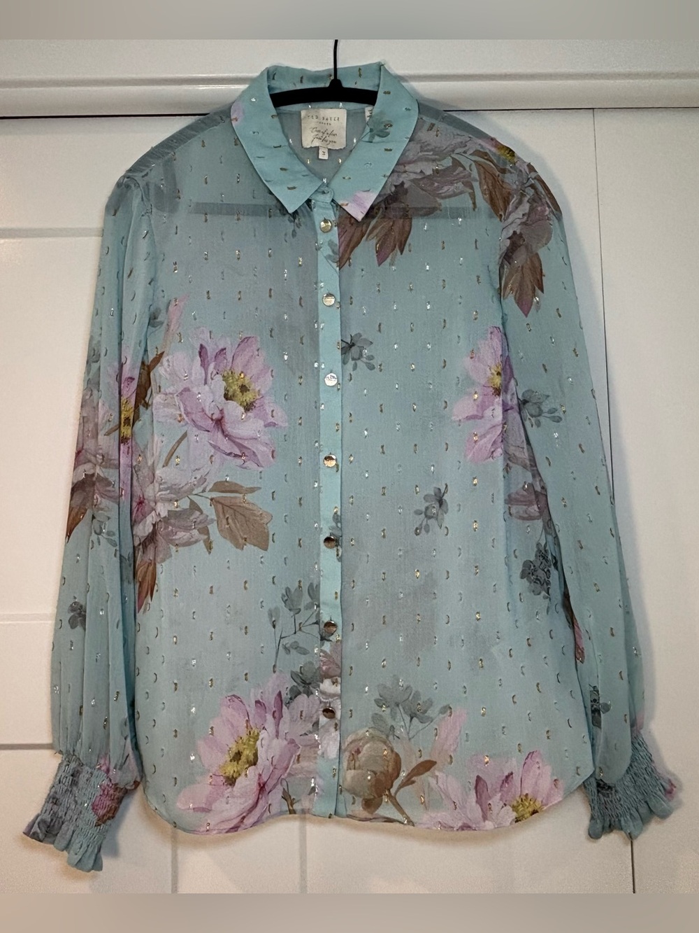 Ted Baker Pale Blue Sheer Floral Button-Up Blouse